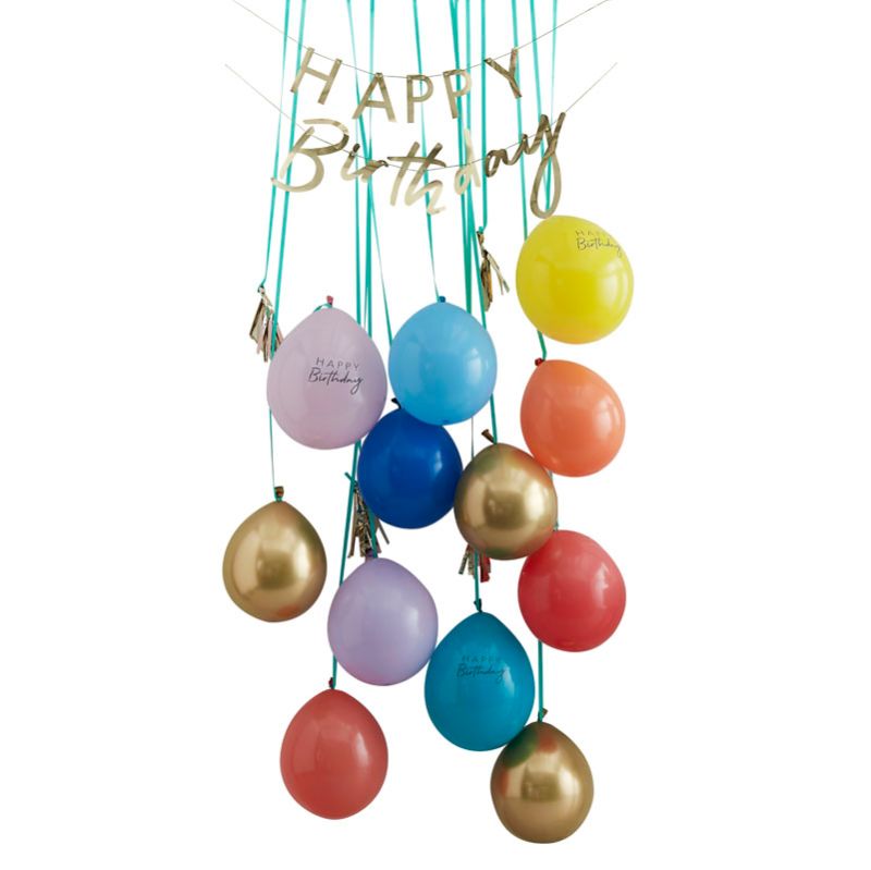 Colorful birthday door kit featuring rainbow balloons, gold bunting, and festive streamers for a vibrant celebration.