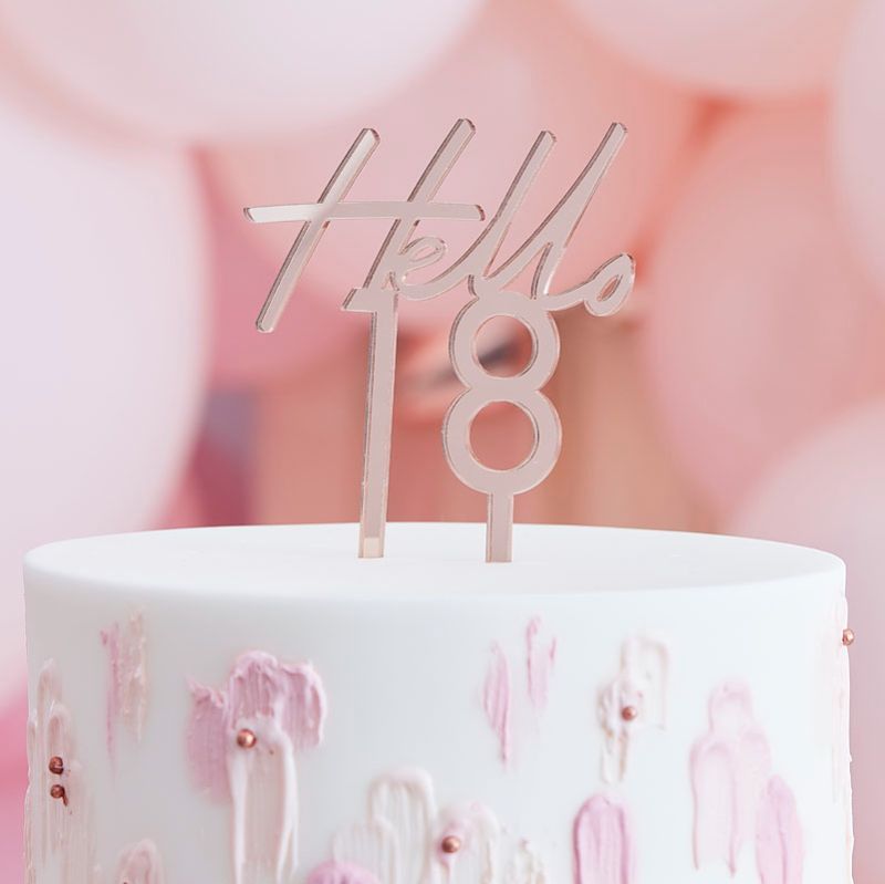 Rose gold acrylic 'Hello 18' cake topper, perfect for celebrating an elegant 18th birthday milestone.