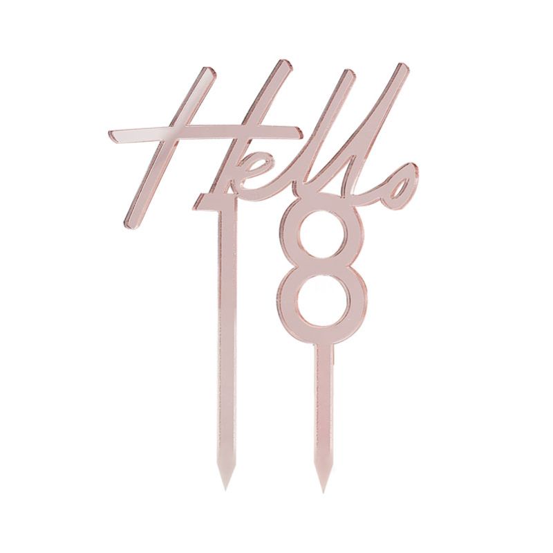 Rose gold acrylic 'Hello 18' cake topper, 13cm x 10cm, perfect for 18th birthday celebrations and elegant cake styling.