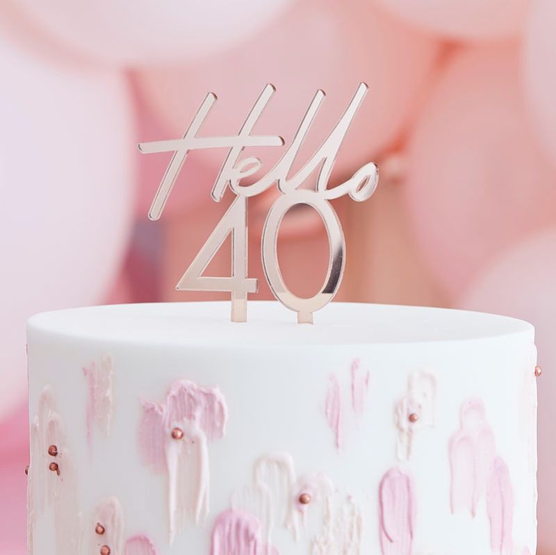 Rose gold acrylic "Hello 40" cake topper, measuring 13cm x 10cm, perfect for celebrating a 40th birthday milestone.