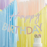 Pastel 'Happy Birthday' bunting on pale pink twine, eco-friendly and perfect for stylish birthday celebrations.