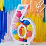 Colorful balloon mosaic stand for number 6, perfect for birthdays and celebrations, easy to assemble and lightweight.