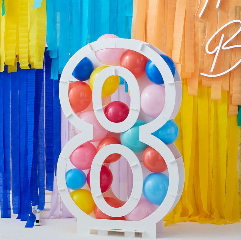 Balloon mosaic number 8 stand, 81cm tall, perfect for birthdays and milestones with easy assembly and vibrant balloon options.