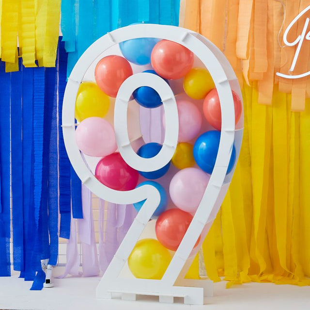 Balloon Mosaic Number 9 Stand, 81cm tall, perfect for milestone celebrations with easy assembly and vibrant balloon options.