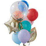 Vibrant rainbow balloon bundle with star foil and confetti balloons for festive celebrations and memorable events.