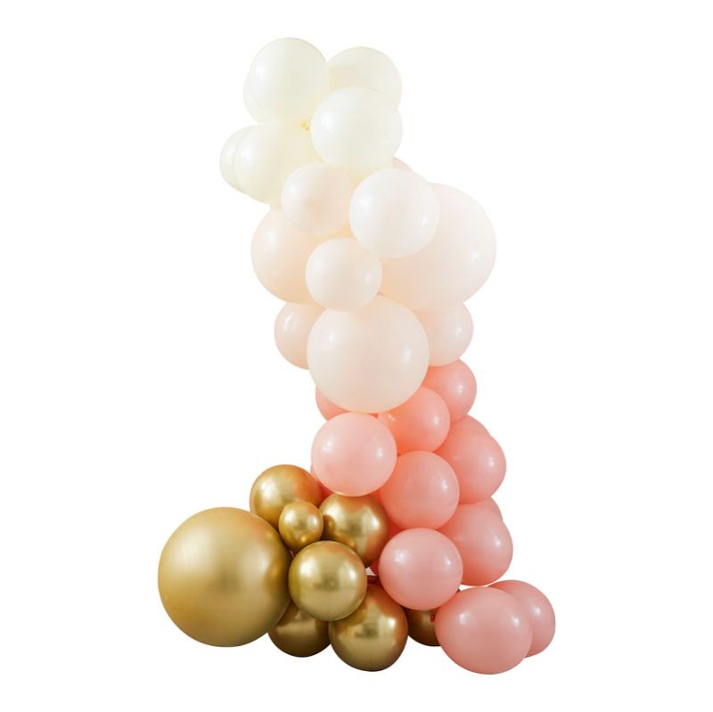 Peach and gold balloon arch kit featuring 75 balloons, perfect for elegant party decorations and memorable backdrops.