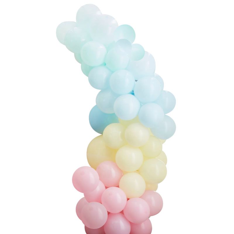 Colorful mixed pastel balloon arch kit featuring 75 balloons in pink, mint, yellow, and blue for festive celebrations.