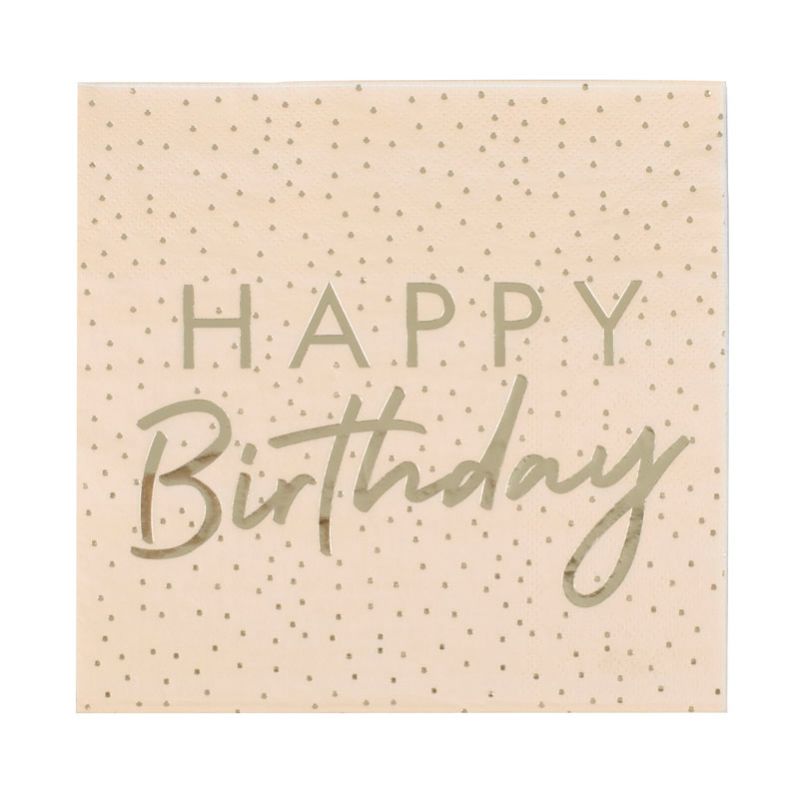 Peach and gold paper napkins with polka dots and 'Happy Birthday' in gold foil, perfect for festive celebrations.