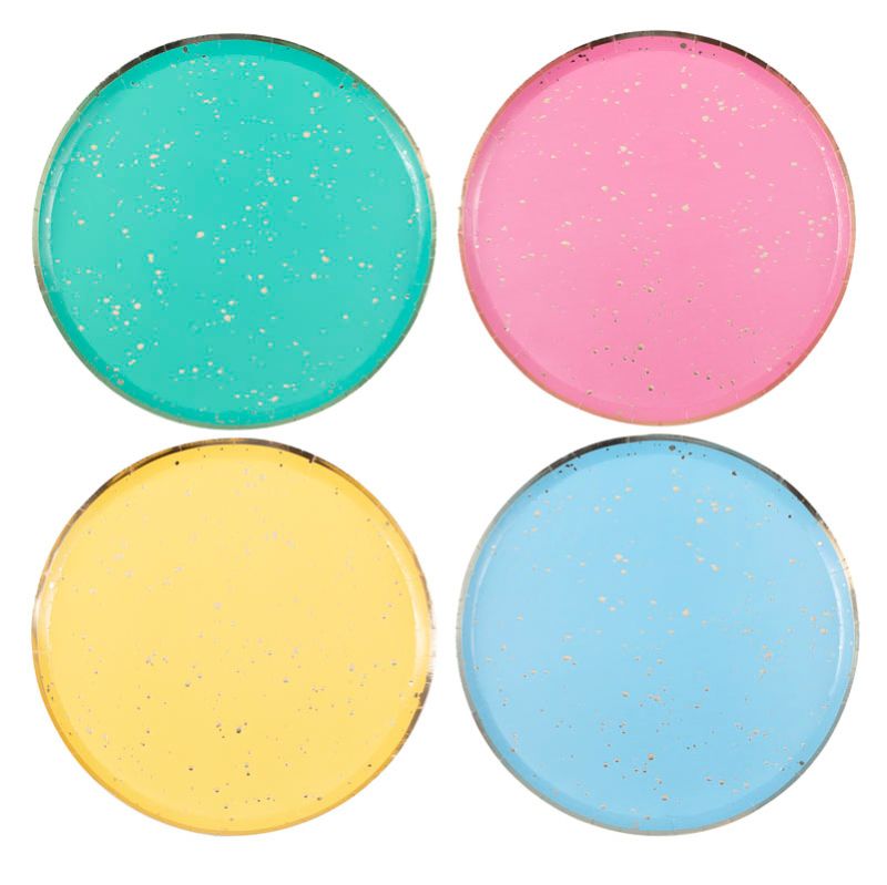 Colorful gold-flecked rainbow paper plates, ideal for vibrant celebrations; each pack includes 8 durable, elegant designs.