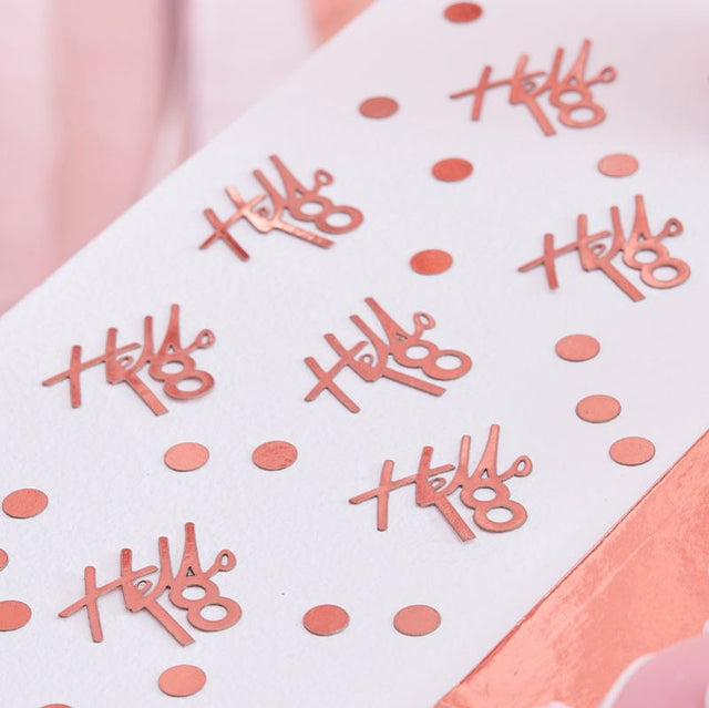 Rose gold birthday confetti featuring 'Hello 18' designs and mini circles, perfect for celebrating an 18th birthday in style.