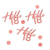 Rose gold confetti featuring 'Hello 18' designs, perfect for an elegant 18th birthday celebration.