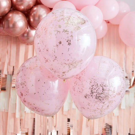 Double-layered pink and rose gold confetti balloons, 18-inch, perfect for stylish celebrations and elegant decorations.