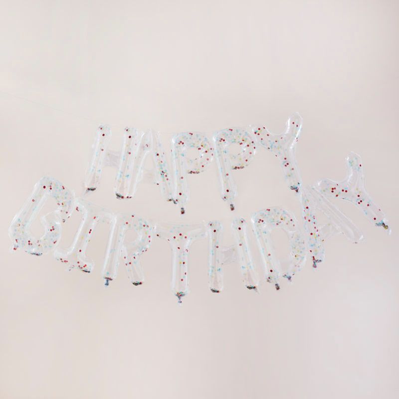 Vibrant "Happy Birthday" balloon bunting with rainbow confetti, perfect for festive celebrations, easy to inflate without helium.