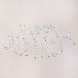 Vibrant "Happy Birthday" balloon bunting with rainbow confetti, perfect for festive celebrations, easy to inflate without helium.