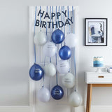 Navy and blue birthday balloon door kit with 'Happy Birthday' bunting, ideal for creating a festive surprise.