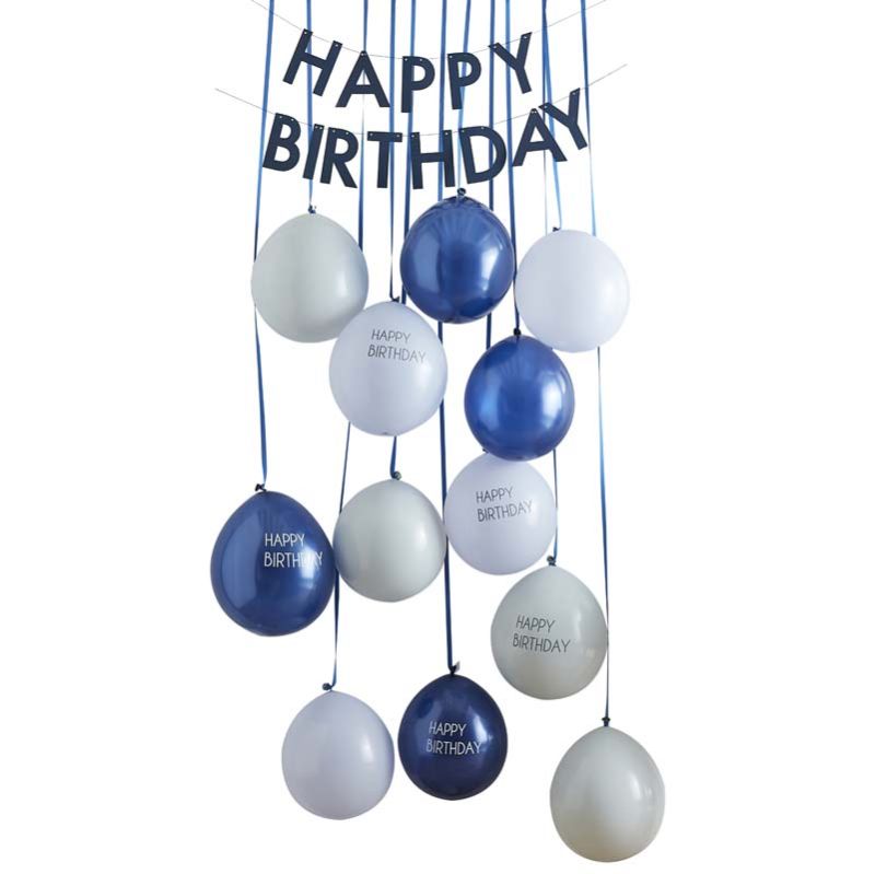 Navy and blue balloon door kit with 'Happy Birthday' bunting for festive birthday surprises and eco-friendly celebrations.