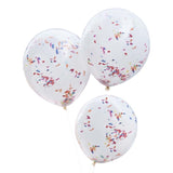 Double layered white balloons filled with vibrant rainbow confetti, perfect for festive celebrations and themed parties.