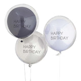 Blue and grey double layered Happy Birthday balloon bundle featuring 3 stylish 18-inch balloons for festive celebrations.