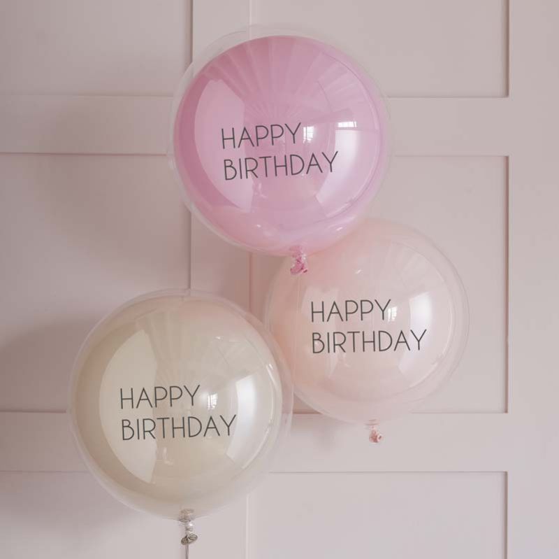 Elegant pink double-layered balloons with pastel shades for birthday celebrations, eco-friendly packaging included.