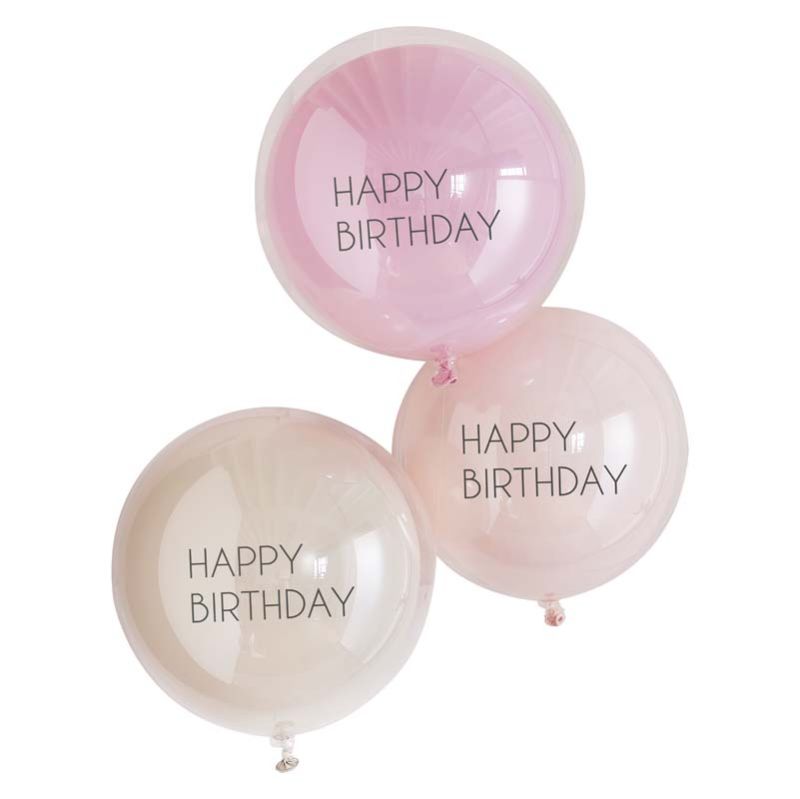 Pink double-layered balloons with pastel accents for elegant birthday celebrations, featuring 3 x 18" eco-friendly latex balloons.