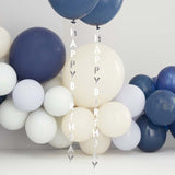 Silver Happy Birthday balloon tails, 1m long each, designed to enhance party decor with elegance and fun.