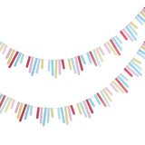 Vibrant multicoloured card fringe bunting, eco-friendly and perfect for festive celebrations, 3 x 1m long strands.