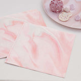 Elegant pink marble print paper napkins, perfect for events, eco-friendly, 16 in a pack, measuring 16.5cm each.