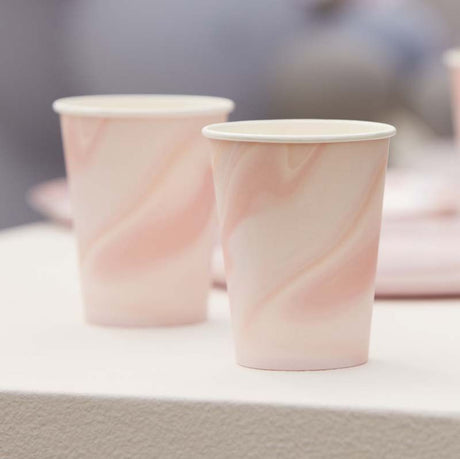 Pink marble print paper cups, 9oz size, perfect for elegant celebrations and eco-friendly parties. Pack of 8.