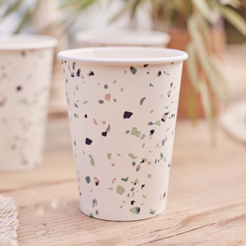 Stylish 9oz terrazzo print paper cups, eco-friendly and perfect for parties, weddings, and gatherings. Pack of 8.