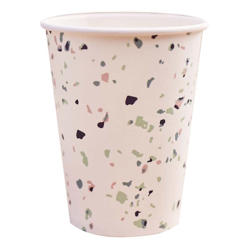 Stylish 9oz terrazzo print paper cups, perfect for eco-friendly celebrations; pack of 8, FSC certified and recyclable.