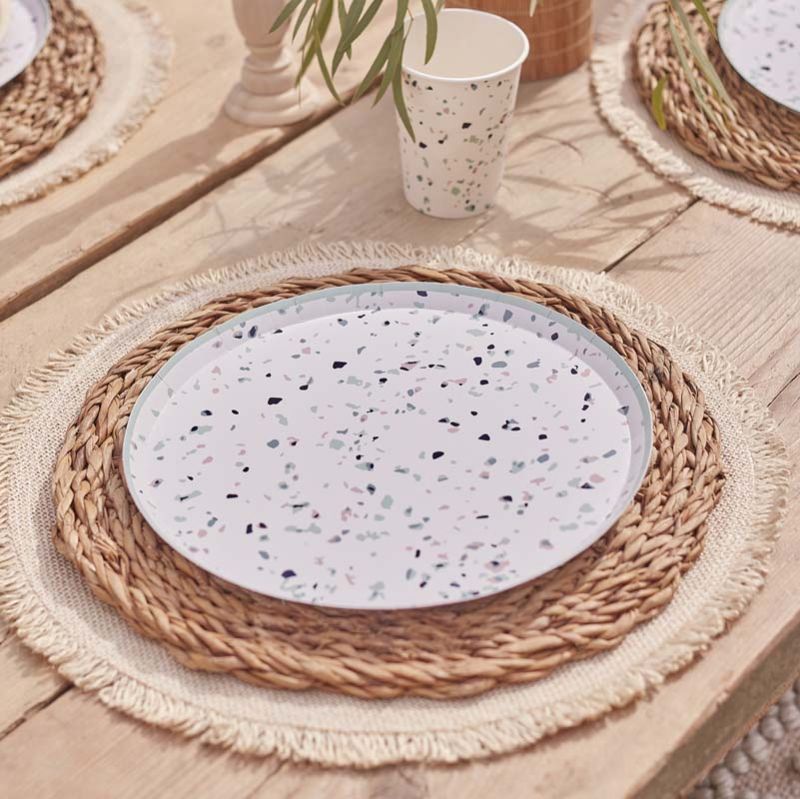 Stylish terrazzo print paper plates, 25cm, eco-friendly, perfect for parties, weddings, and sustainable celebrations.