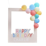 Customizable multicolored birthday photo booth frame with balloons for capturing fun memories at celebrations.