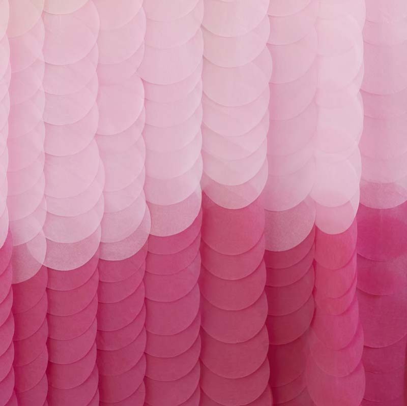 Pink ombre tissue paper disc backdrop, 200cm, perfect for chic celebrations and photo booths, made from recyclable materials.