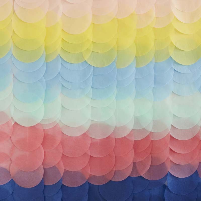 Vibrant rainbow tissue paper disc backdrop, 200cm x 200cm, ideal for festive celebrations and photo booths.