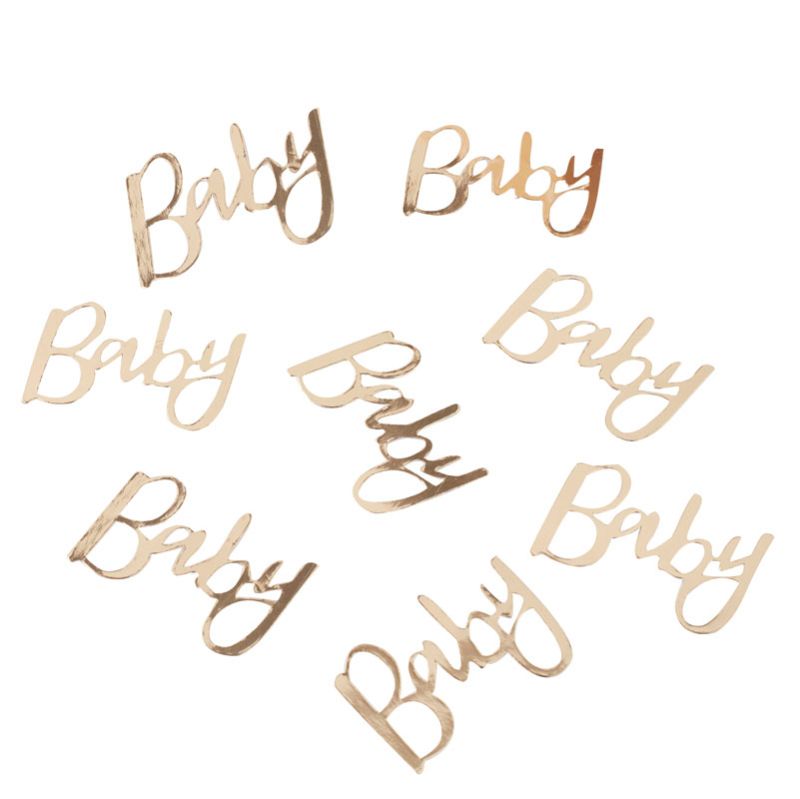 Gold baby shower confetti featuring 'Baby' script, perfect for sprinkling around tables and enhancing decor.