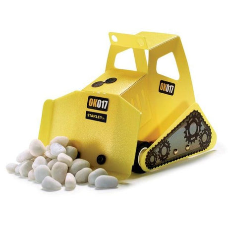 Stanley Jr Bulldozer Kit with 20 pre-cut wood pieces and decals for kids to build and enhance creativity and problem-solving skills.