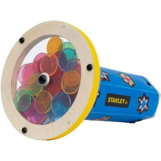 Colorful Stanley Jr Kaleidoscope Kit for kids, featuring pre-cut wood pieces, decals, and assembly essentials for creative bonding.