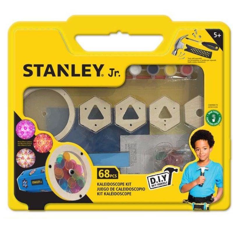 Colorful Stanley Jr Kaleidoscope Kit for kids, featuring pre-cut wood pieces and decals for creative family bonding.