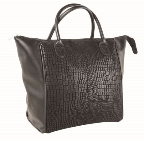 Elegant black crocodile-textured handbag with spacious interior and sturdy handles, perfect for any occasion.