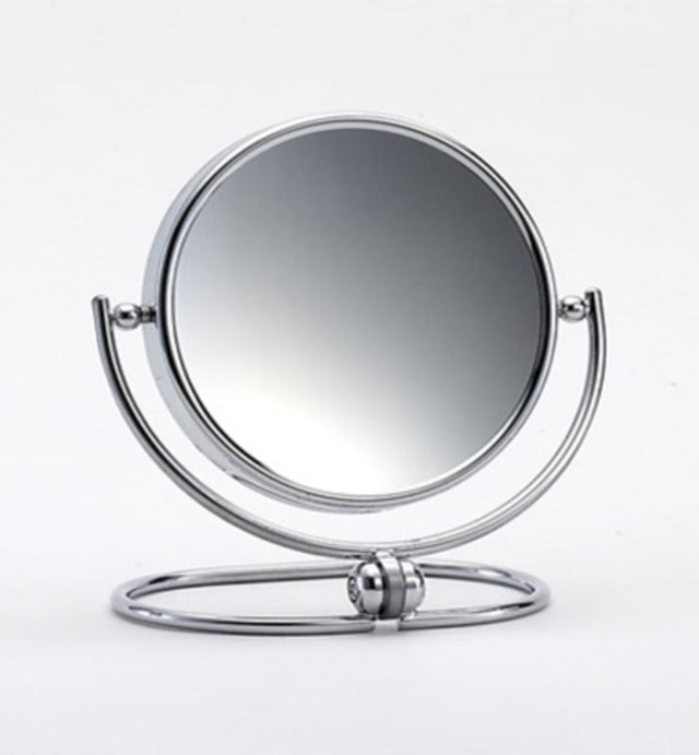 Chrome folding mirror with handle stand, 14cm diameter, regular and 5x magnification for makeup and grooming.