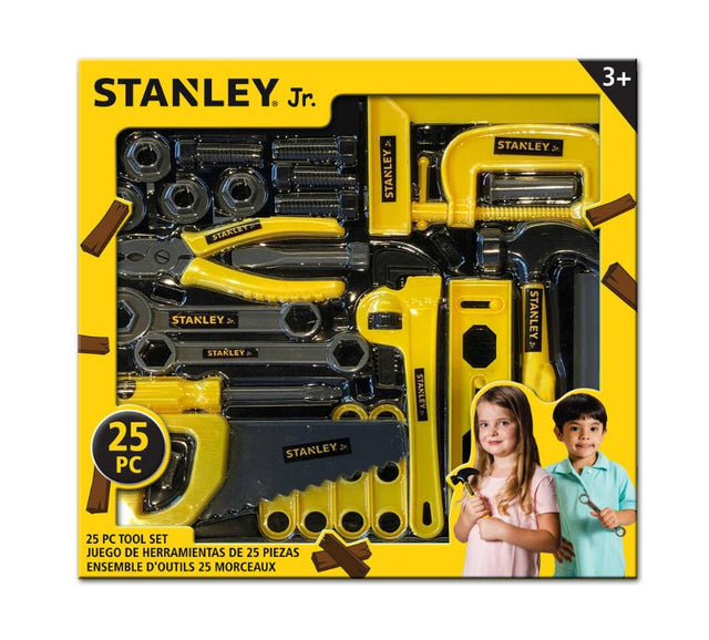 Colorful 23-piece Stanley Jr. tool set for kids, including realistic tools for creative DIY play and skill development.