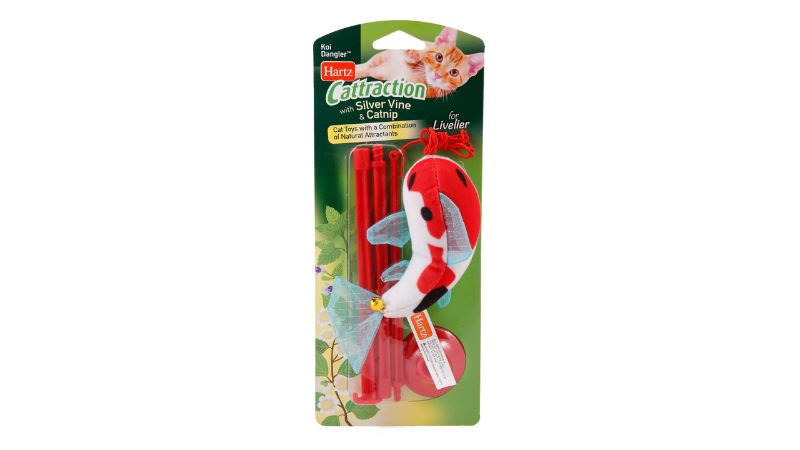 Vibrant plush koi cat toy on an elastic string, designed for interactive play enriched with silver vine and catnip.