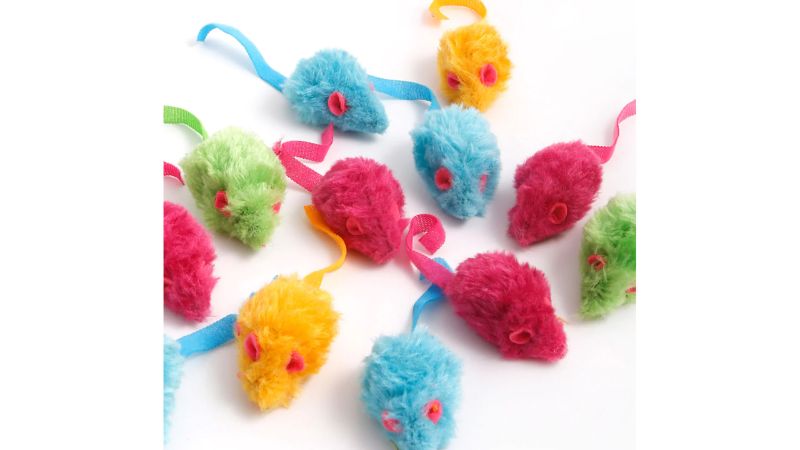 Colorful furry mice cat toy set with silver vine and catnip, designed to stimulate play and engagement for indoor cats.