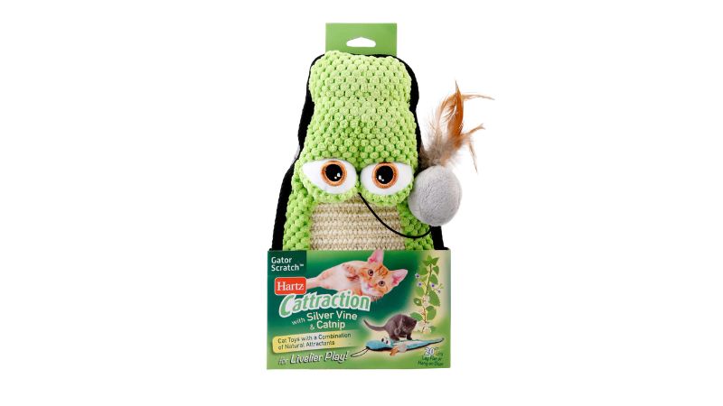 Soft catnip-infused alligator toy with sisal scratch pad and crinkle sounds, promoting playful instincts in cats.