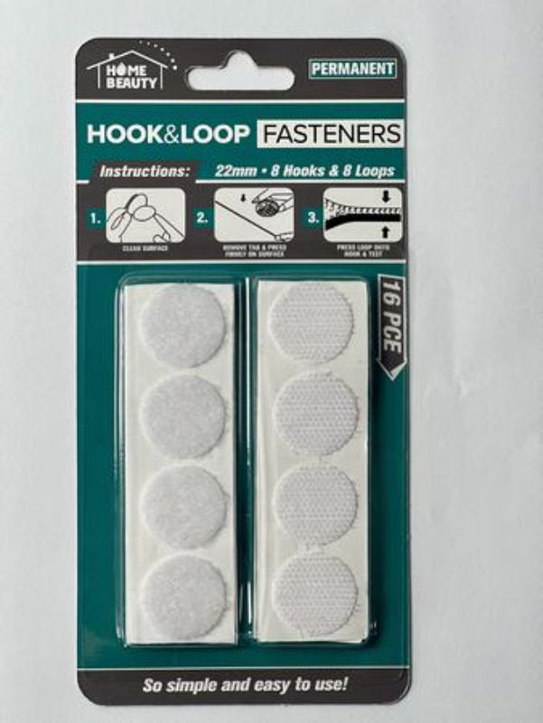 White Velcro Tabs Hook & Loop Set, 22mm, 12 sets for versatile fastening in crafts, organization, and home projects.