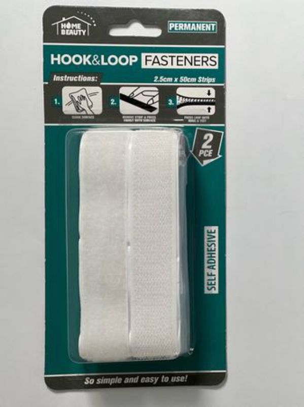 Versatile white hook and loop tape, 2.5 x 500mm, perfect for crafting, organizing, and securing various materials. Pack of 12.