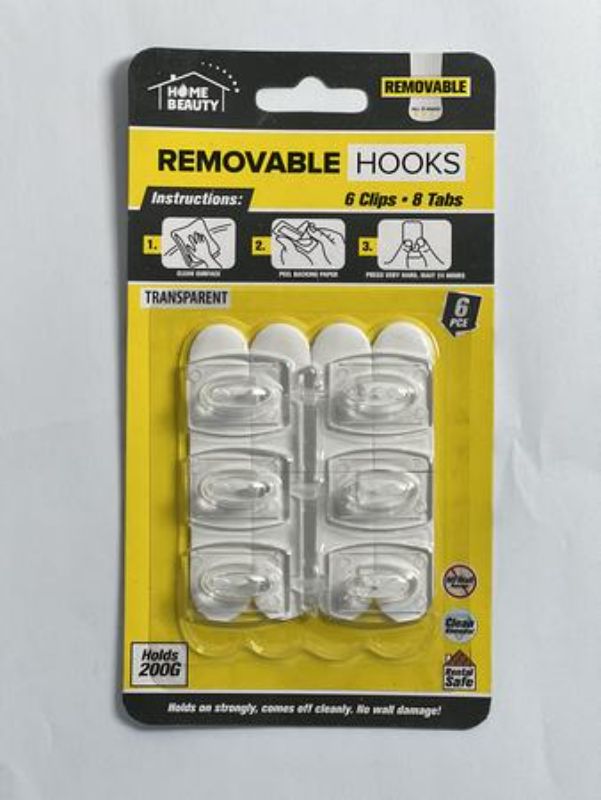 Self-adhesive hooks in a 12-pack, each holding 200g, perfect for organizing without damaging walls.