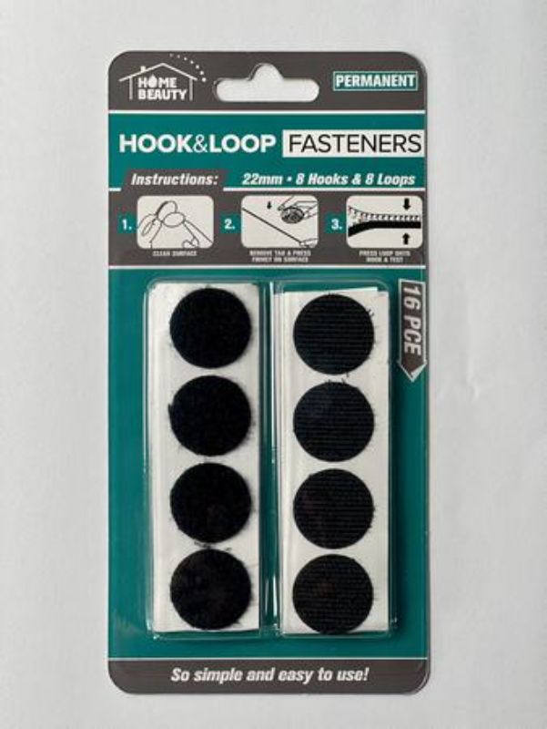 Black Velcro Tabs Hook & Loop Set, 22mm, 12 sets, 192 reusable self-adhesive tabs for home organization and DIY projects.