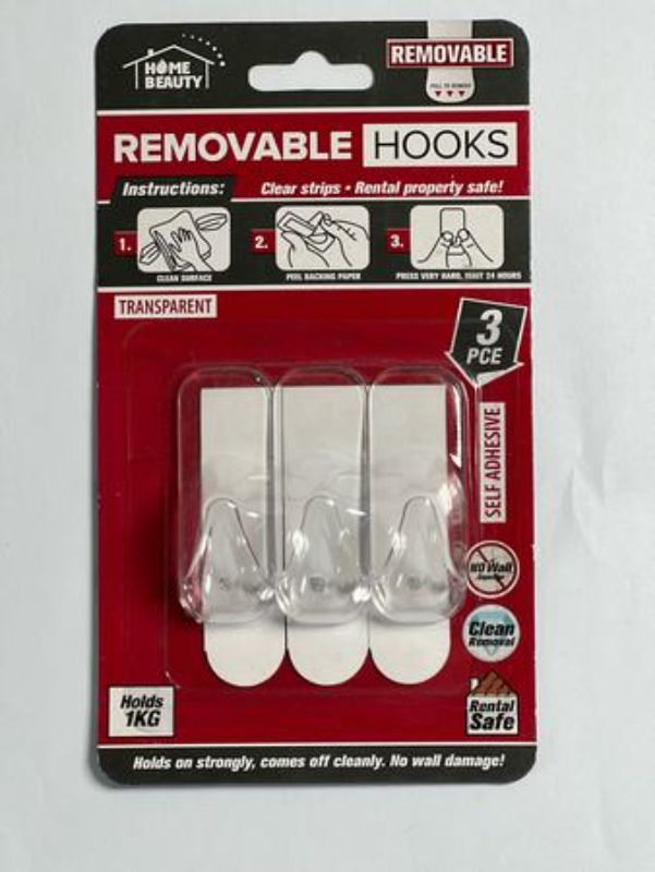 Clear self-adhesive hooks (12 packs) hold 1kg each, perfect for organizing without wall damage or drilling.
