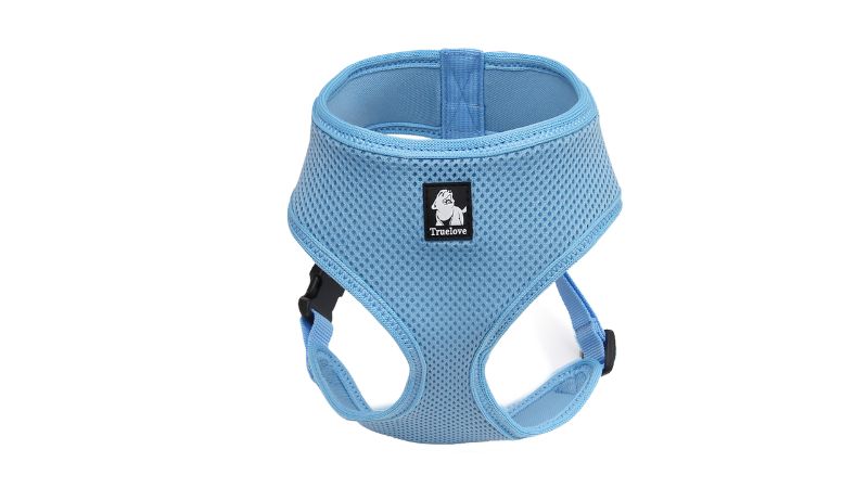 Soft mesh blue dog harness for XL breeds, designed for comfort and breathability with adjustable straps and secure leash attachment.